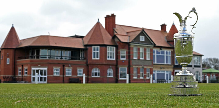 The Claret Jug, the trophy for the Champion Golfer of the Year, is pictured on the first fairway, during a preview ahead of the 151st British Open Golf Championship at Royal Liverpool Golf Course in Hoylake, north west England on April 19, 2023. - The Royal Liverpool Golf Course will host The 151st Open from July 20 to 23, 2023. (Photo by Paul ELLIS / AFP) / EDITORIAL USE ONLY (Photo by PAUL ELLIS/AFP via Getty Images)