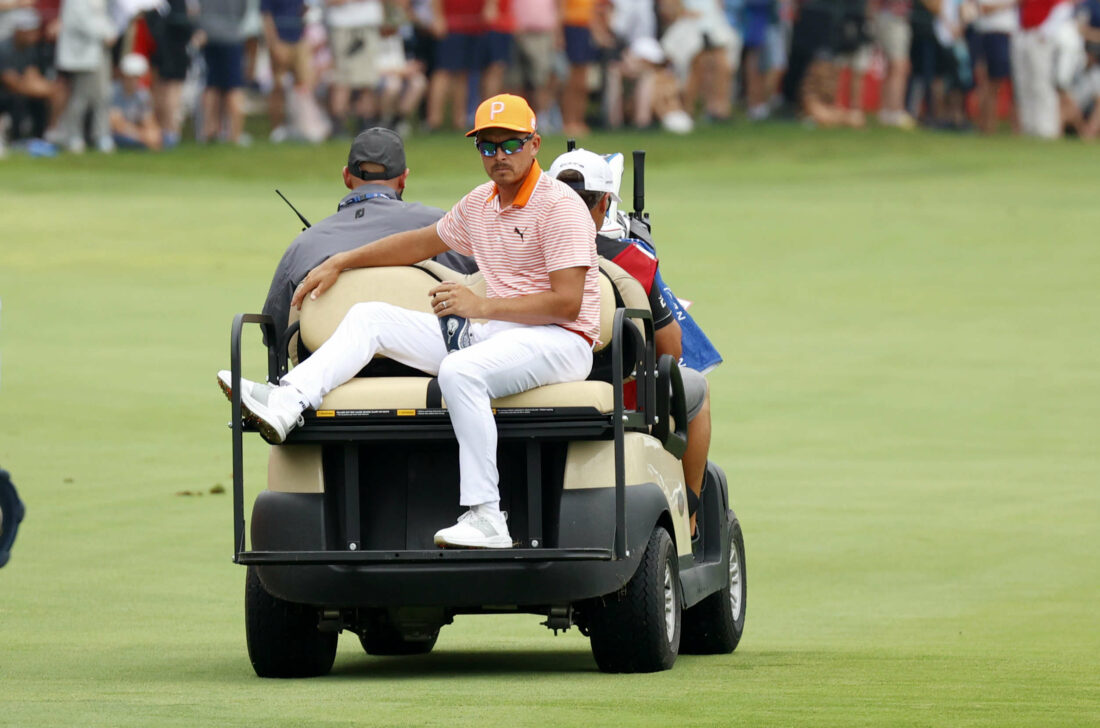 DETROIT, MI - JULY 02: PGA golfer Rickie Fowler gets a golf cart ride to the 18th tee for a playoff on July 2, 2023, during the final round of the Rocket Mortgage Classic at the Detroit Golf Club in Detroit, Michigan. (Photo by Brian Spurlock/Icon Sportswire via Getty Images) tour news