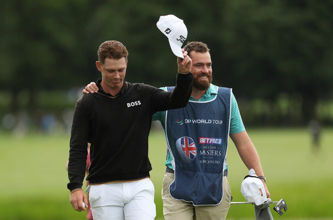 SUTTON COLDFIELD, ENGLAND - JULY 02: Daniel Hillier of New Zealand celebrates with his caddie Henry Tomlinson after putting on the 18th green on Day Four of the Betfred British Masters hosted by Sir Nick Faldo 2023 at The Belfry on July 02, 2023 in United Kingdom. (Photo by Kate McShane/Getty Images) tour news