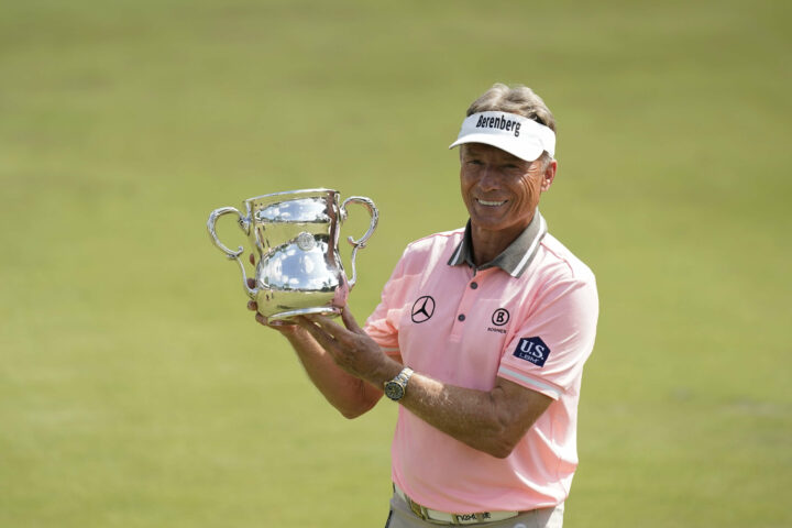 STEVENS POINT, WISCONSIN - JULY 02: Bernhard Langer of Germany poses with the Francis D. Ouimet Memorial Trophy after winning the U.S. Senior Open Championship at SentryWorld on July 02, 2023 in Stevens Point, Wisconsin. (Photo by Patrick McDermott/Getty Images) tour news