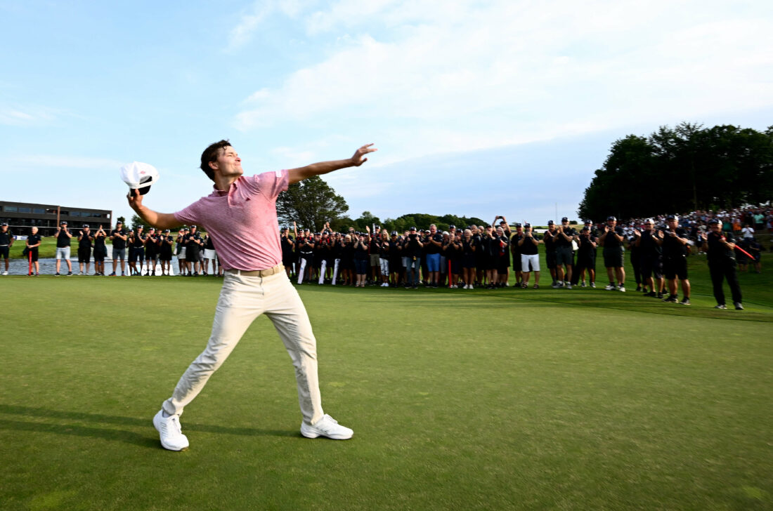 AALBORG, DENMARK - JULY 09: Rasmus Hojgaard of Denmark celebrates after winning on the sixth play off hole against Nacho Elvira of Spain after the final of the Made in HimmerLand at Himmerland Golf & Spa Resort on July 09, 2023 in Denmark. (Photo by Octavio Passos/Getty Images) tour news