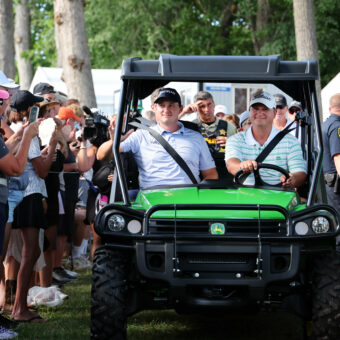 SILVIS, ILLINOIS - JULY 09:tour news Sepp Straka of Austria is driven to the 18th hole for the trophy ceremony after winning the John Deere Classic at TPC Deere Run on July 09, 2023 in Silvis, Illinois. (Photo by Michael Reaves/Getty Images) tour news