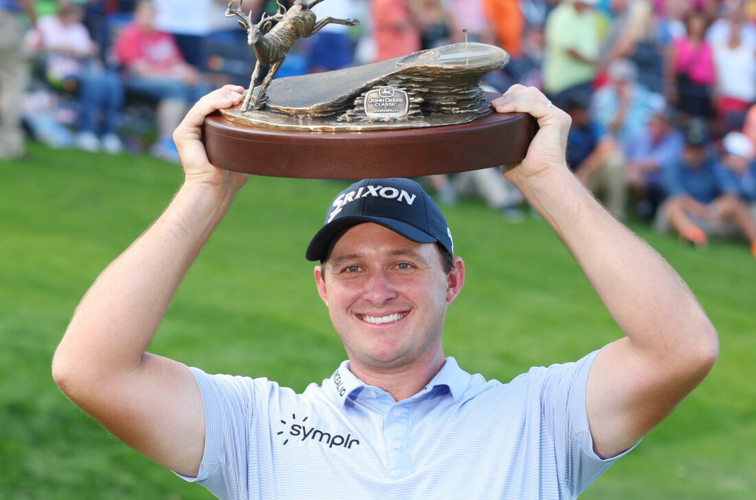 SILVIS, ILLINOIS - JULY 09: Sepp Straka of Austria poses with the trophy after winning the John Deere Classic at TPC Deere Run on July 09, 2023 in Silvis, Illinois. (Photo by Michael Reaves/Getty Images) tour news
