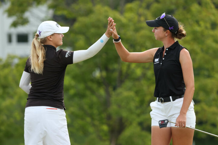 Celine Borge (left) of Norway and teammate Polly Mack (right) of Germany celebrate a birdie on the 15th green during the finald round of the Dow Great Lakes Bay Invitational at Midland Country Club in Midland, Michigan, on Saturday, July 22, 2023. (Photo by Jorge Lemus/NurPhoto via Getty Images) tour news