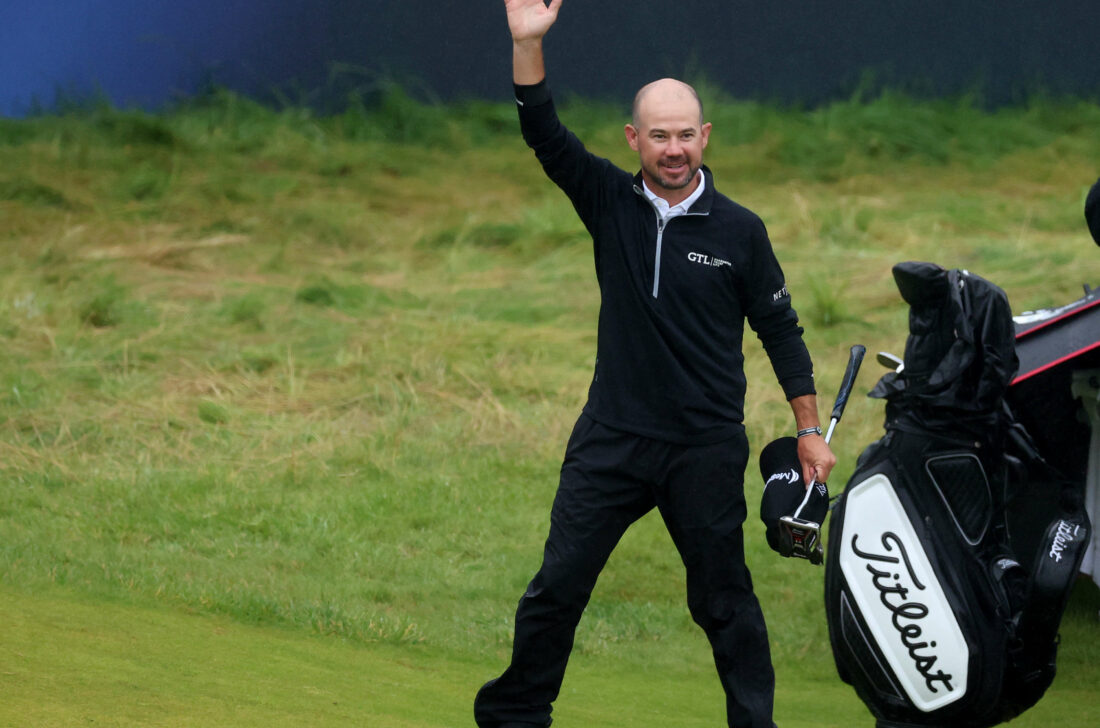 HOYLAKE, ENGLAND - JULY 23: Brian Harman of the United States celebrates after finishing on the green on the 18th hole on Day Four of The 151st Open at Royal Liverpool Golf Club on July 23, 2023 in Hoylake, England. (Photo by Luke Walker/Getty Images for HSBC)