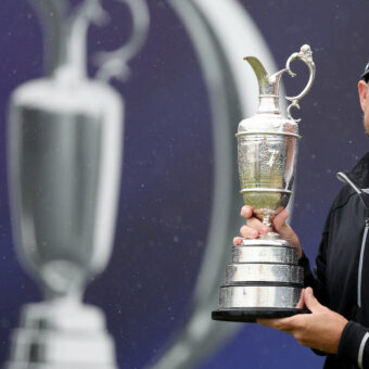 HOYLAKE, ENGLAND - JULY 23: Brian Harman of the United States poses for a photograph with the Claret Jug on the 18th green after winning The 151st Open on Day Four of The 151st Open at Royal Liverpool Golf Club on July 23, 2023 in Hoylake, England. (Photo by Warren Little/Getty Images)