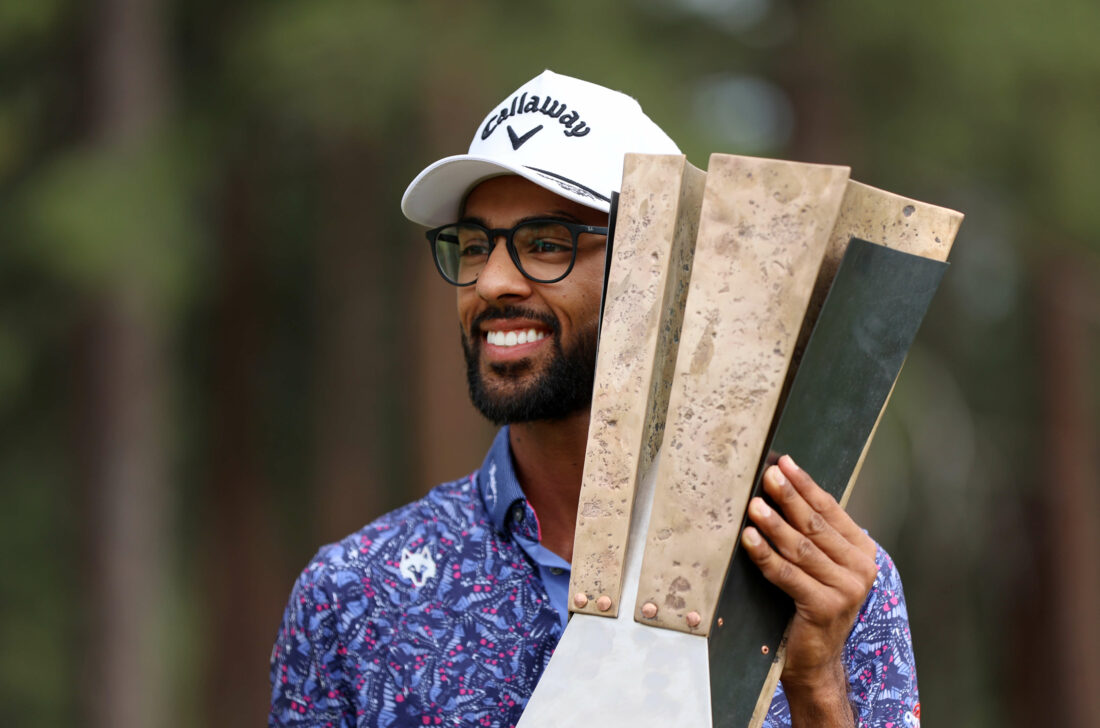 TRUCKEE, CALIFORNIA - JULY 23: Akshay Bhatia of the United States poses with the trophy after putting in to win on the 18th green during a playoff against Patrick Rodgers of the United States during the final round of the Barracuda Championship at Tahoe Mountain Club on July 23, 2023 in United States. (Photo by Isaiah Vazquez/Getty Images) tour news