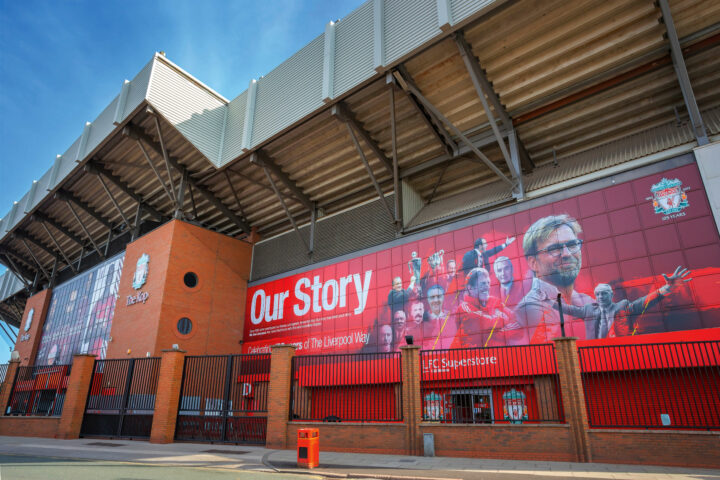 LIVERPOOL, UK - MAY 17 2018: Anfield stadium, the home ground of Liverpool FC which has a seating capacity of 54,074 making it the sixth largest football stadium in England