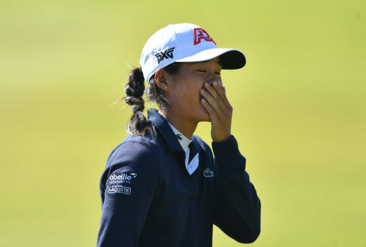 06/08/2023. Ladies European Tour 2023. The Women's Scotland Open. Dundonald Links, Troon Irvine. Scotland, 3rd - 6th August. Celine Boutier of France reacts on the 17th green ahead of winning the Women's Scotland Open. Credit: Mark Runnacles / LET tour news