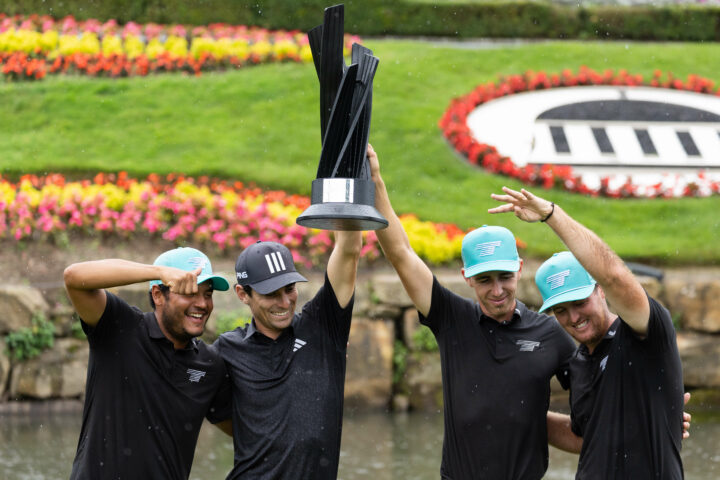 First Place Team Champions, Sebastián Muñoz of Torque GC, Captain Joaquín Niemann of Torque GC, Mito Pereira of Torque GC and David Puig of Torque GC after the final round of LIV Golf Greenbrier at the The Old White at The Greenbrier on Sunday, August 06, 2023 in White Sulfur Springs, West Virginia. (Photo by Sam Greenwood/LIV Golf) tour news