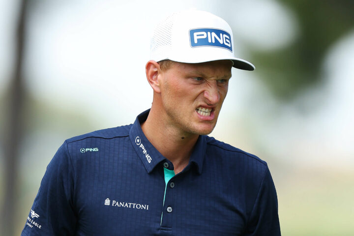 ROME, ITALY - MAY 07: Adrian Meronk of Poland reacts on the 6th hole during Day Four of the DS Automobiles Italian Open at Marco Simone Golf Club on May 07, 2023 in Italy. (Photo by Andrew Redington/Getty Images)