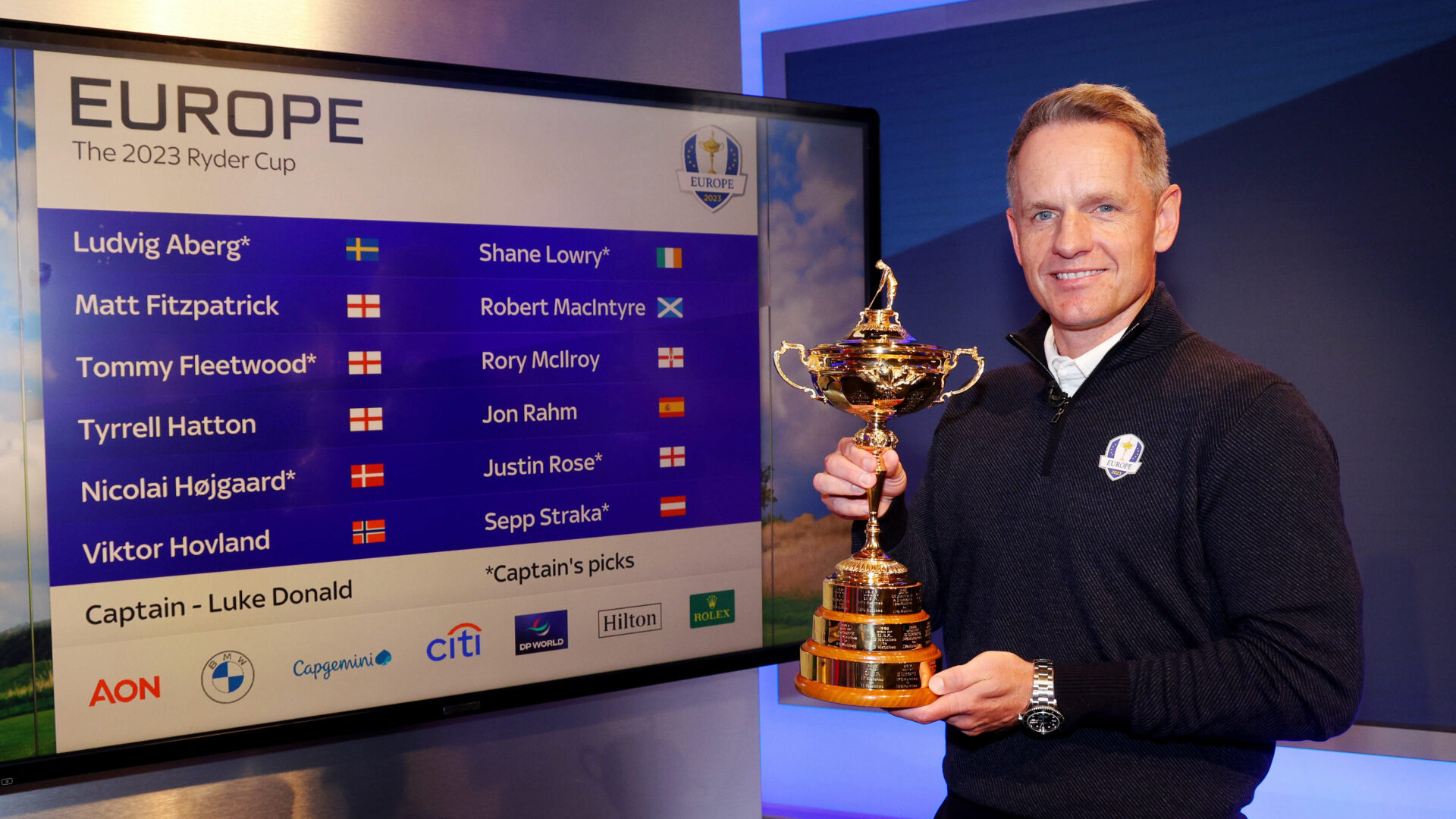 ISLEWORTH, ENGLAND - SEPTEMBER 04: Luke Donald, Captain of Team Europe poses for a photo during the Luke Donald Ryder Cup Wildcard Announcement at Sky Sports Studios on September 04, 2023 in Isleworth, England. (Photo by Andrew Redington/Getty Images)