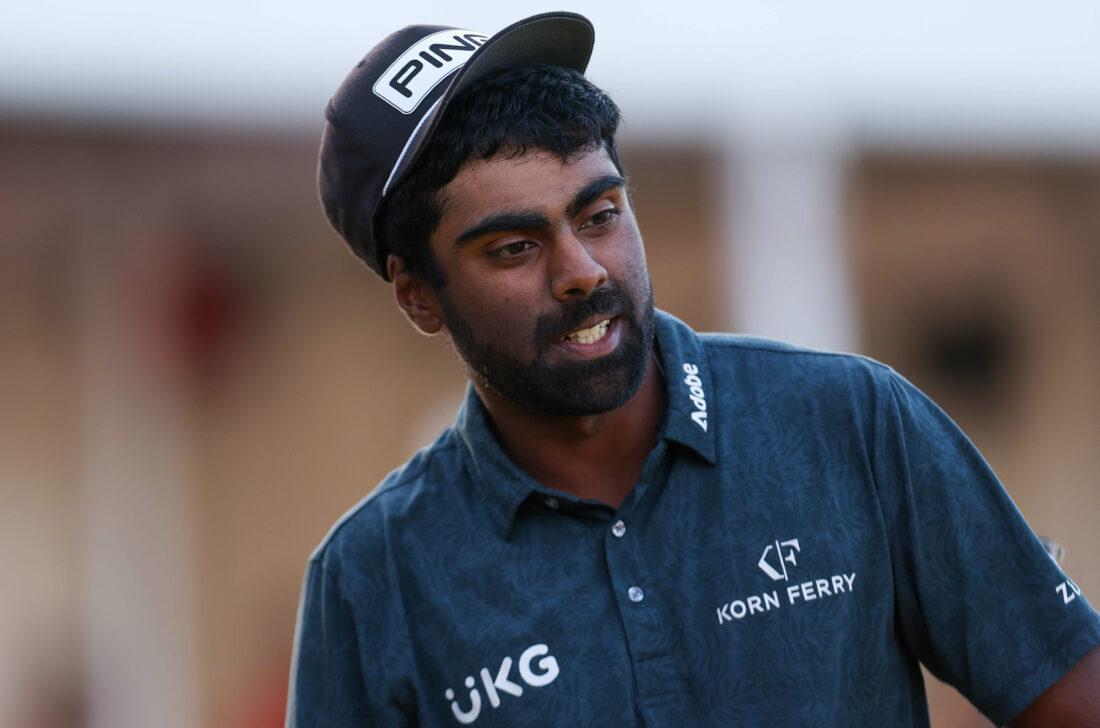 NAPA, CALIFORNIA - SEPTEMBER 17: Sahith Theegala of the United States looks on after winning on the 18th green during the final round of the Fortinet Championship at Silverado Resort and Spa on September 17, 2023 in Napa, California. (Photo by Jed Jacobsohn/Getty Images)