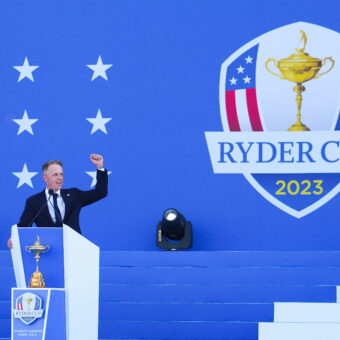 ROME, ITALY - SEPTEMBER 28: Luke Donald makes a speech during the Opening Ceremony of the Ryder Cup at Marco Simone Golf & Country Club on Thursday, September 28, 2023 in Rome, Italy. (Photo by Darren Carroll/PGA of America)