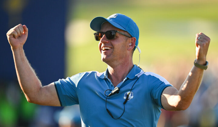 Rome , Italy - 29 September 2023; Europe captain Luke Donald celebrates on the 16th green after Jon Rahm, not pictured, chipped in to win the hole during the afternoon fourball matches on day one of the 2023 Ryder Cup at Marco Simone Golf and Country Club in Rome, Italy. (Photo By Brendan Moran/Sportsfile via Getty Images)