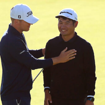 PARIS, FRANCE - SEPTEMBER 24: Ryo Hisatsune of Japan celebrates winning as he is embraced by Yannik Paul of Germany on the 18th green during Day Four of the Cazoo Open de France at Le Golf National on September 24, 2023 in Paris, France. (Photo by Luke Walker/Getty Images) tour news