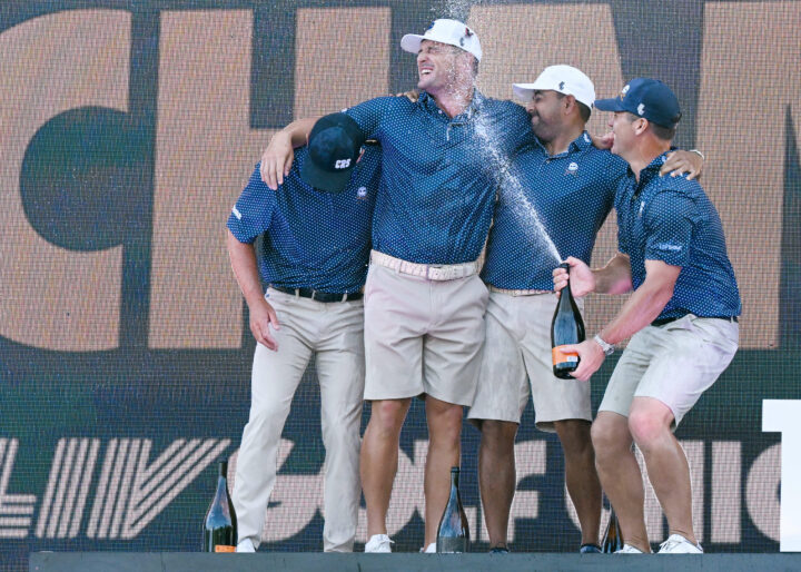 SUGAR GROVE, ILLINOIS - SEPTEMBER 24: Bryson DeChambeau, Anirban Lahiri, Charles Howell III, and Paul Casey celebrate after the LIV Golf Invitational - Chicago at Rich Harvest Farms on September 24, 2023 in Sugar Grove, Illinois. (Photo by Quinn Harris/Getty Images) tour news