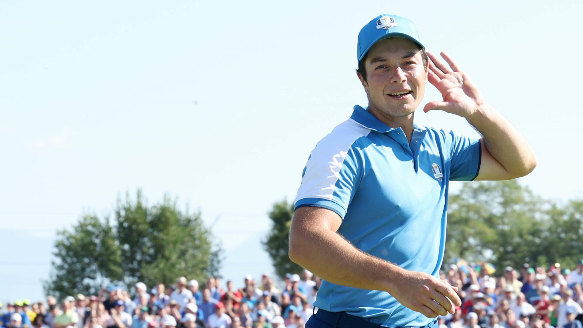 ROME, ITALY - SEPTEMBER 29: Viktor Hovland of Team Europe celebrates during the Friday morning foursomes matches of the 2023 Ryder Cup at Marco Simone Golf Club on September 29, 2023 in Rome, Italy. (Photo by Jamie Squire/Getty Images)