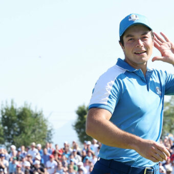 ROME, ITALY - SEPTEMBER 29: Viktor Hovland of Team Europe celebrates during the Friday morning foursomes matches of the 2023 Ryder Cup at Marco Simone Golf Club on September 29, 2023 in Rome, Italy. (Photo by Jamie Squire/Getty Images)