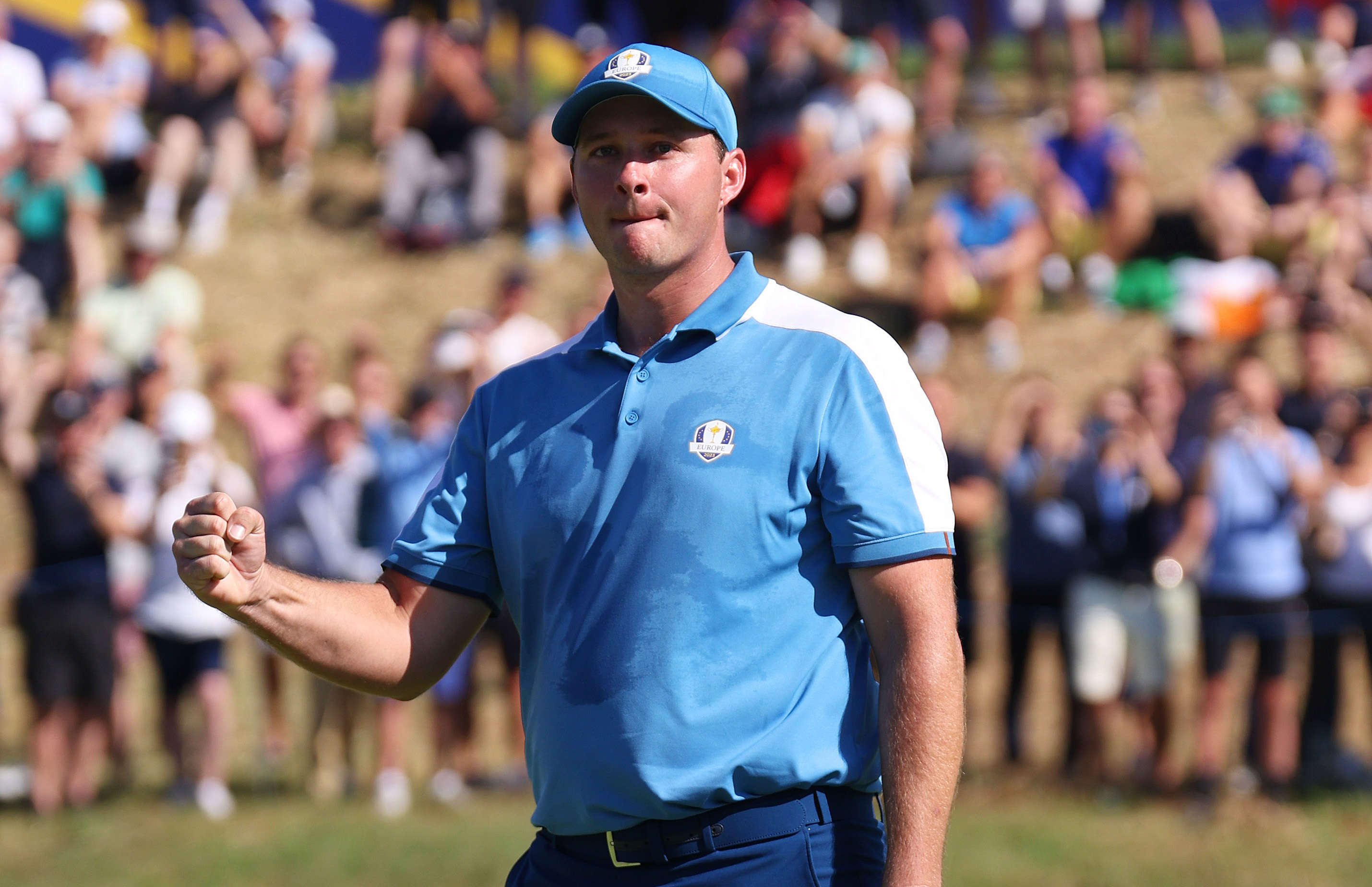 ROME, ITALY - SEPTEMBER 29: Sepp Straka of Team Europe celebrates on the 17th green during the Friday morning foursomes matches of the 2023 Ryder Cup at Marco Simone Golf Club on September 29, 2023 in Rome, Italy. (Photo by Richard Heathcote/Getty Images)