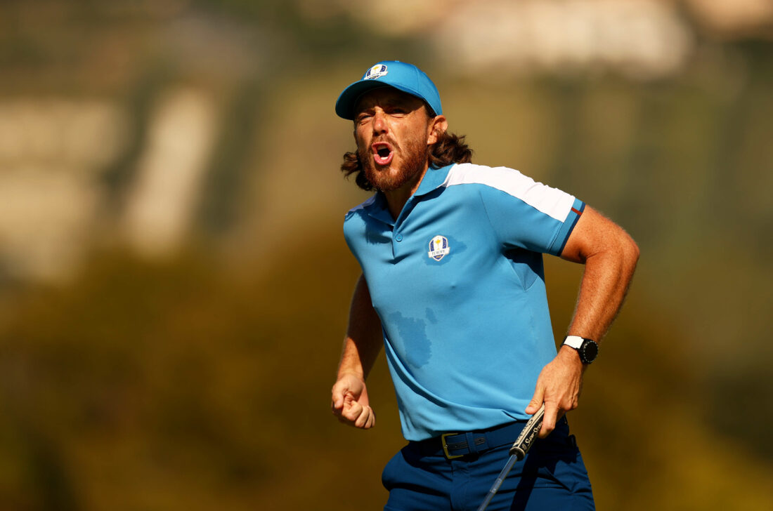 ROME, ITALY - SEPTEMBER 29: Tommy Fleetwood of Team Europe celebrates on the 15th green during the Friday morning foursomes matches of the 2023 Ryder Cup at Marco Simone Golf Club on September 29, 2023 in Rome, Italy. (Photo by Naomi Baker/Getty Images)