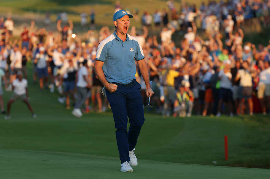 ROME, ITALY - SEPTEMBER 29: Justin Rose of Team Europe celebrates on the 18th green during the Friday afternoon fourball matches of the 2023 Ryder Cup at Marco Simone Golf Club on September 29, 2023 in Rome, Italy. (Photo by Patrick Smith/Getty Images)