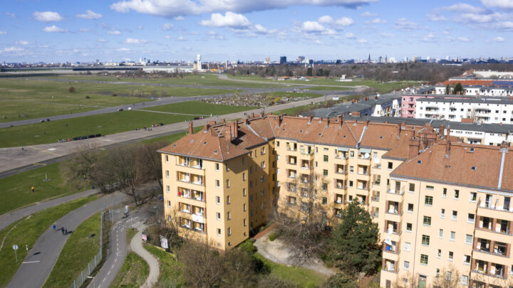 BERLIN, GERMANY - MARCH 22: Aerial view of the Tempelhofer Feld park, a former city airport in Berlin, where people go for a walk or do sports, one of the few venues where public life is not banned, on March 22 in Berlin, Germany. Everyday life in Germany has become fundamentally altered as authorities tighten measures to stem the spread of the coronavirus. Public venues such as bars, clubs, museums, cinemas, schools, daycare centers and universities have closed. Many businesses are resorting to home office work for their employees. And travel across the border to most neighbouring countries is severely restricted. (Photo by Christian Ender/Getty Images)