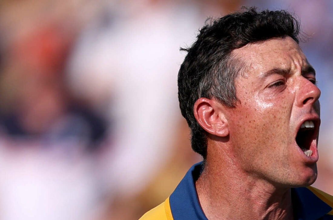 ROME, ITALY - OCTOBER 01: Rory McIlroy of Team Europe celebrates winning his match 3&1 on the 17th green during the Sunday singles matches of the 2023 Ryder Cup at Marco Simone Golf Club on October 01, 2023 in Rome, Italy. (Photo by Richard Heathcote/Getty Images)