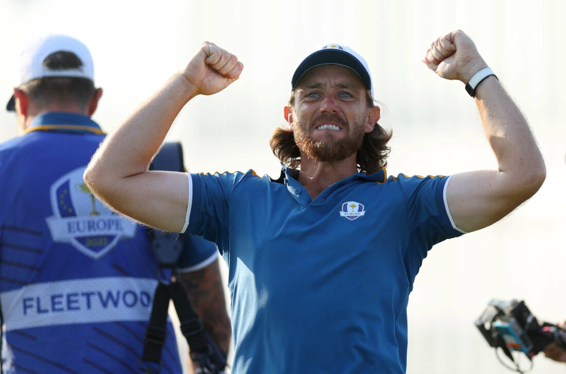 ROME, ITALY - OCTOBER 01: Tommy Fleetwood of Team Europe celebrates after playing from the 17th tee during the Sunday singles matches of the 2023 Ryder Cup at Marco Simone Golf Club on October 01, 2023 in Rome, Italy. (Photo by Andrew Redington/Getty Images)