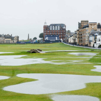 ST ANDREWS, SCOTLAND - OCTOBER 08: The adverse weather conditions that led to play being abandoned for the day during Day Three of the Alfred Dunhill Links Championship at the Old Course, on October 08, 2023, in St Andrews, Scotland. (Photo by Ross Parker/SNS Group via Getty Images) tour news