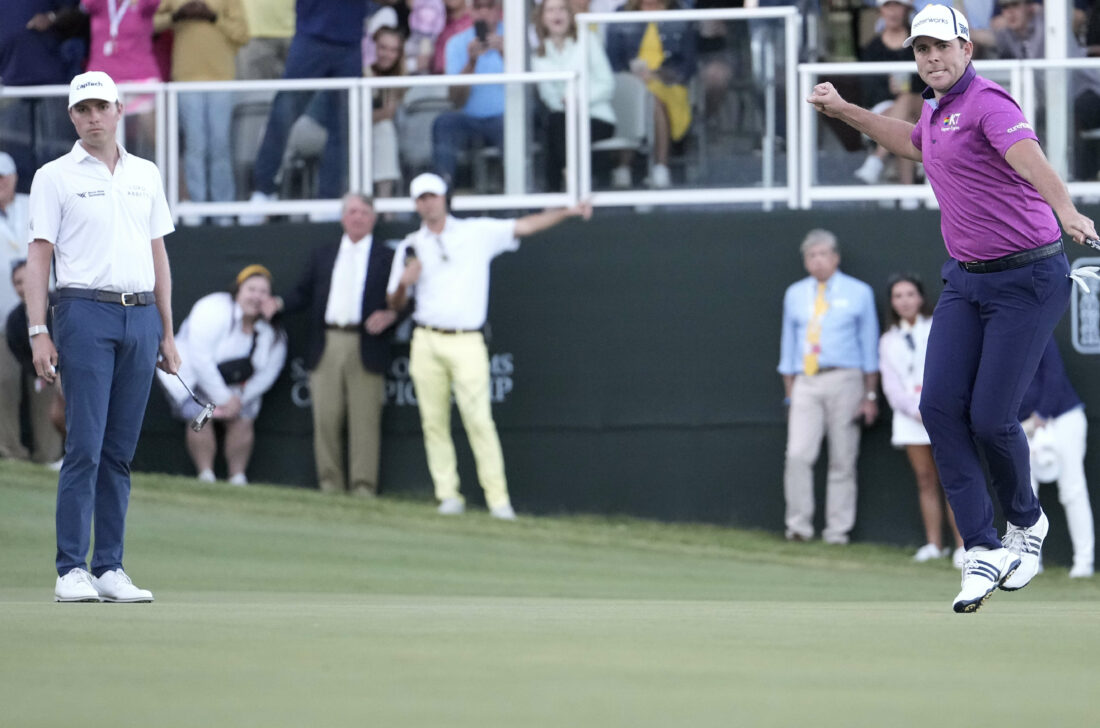 JACKSON, MISSISSIPPI - OCTOBER 08: Luke List of the United States reacts while watching his putt as Ben Griffin looks on during the first playoff hole of the final round of the Sanderson Farms Championship at The Country Club of Jackson on October 08, 2023 in Jackson, Mississippi. (Photo by Raj Mehta/Getty Images) tour news