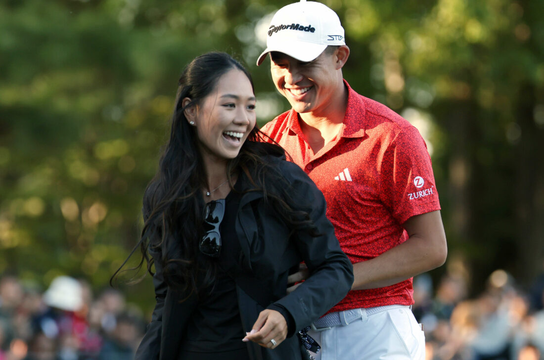 INZAI, JAPAN - OCTOBER 22: Collin Morikawa (R) of the United States celebrates with his wife Katherin Zhu after winning the tournament on the 18th green during the final round of ZOZO Championship at Accordia Golf Narashino Country Club on October 22, 2023 in Inzai, Chiba, Japan. (Photo by Lintao Zhang/Getty Images) tour news