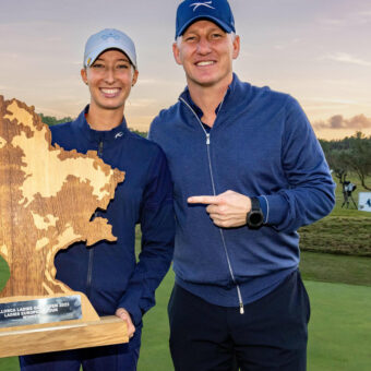 18/11/2023. Ladies European Tour. Mallorca Ladies Go tour newslf Open, Golf Son Muntaner, Mallorca, Spain. 16-18 Nov. Alexandra Forsterling of Germany and former world cup winner Bastian Schweinsteiger. Credit: Tristan Jones / LET. tour news