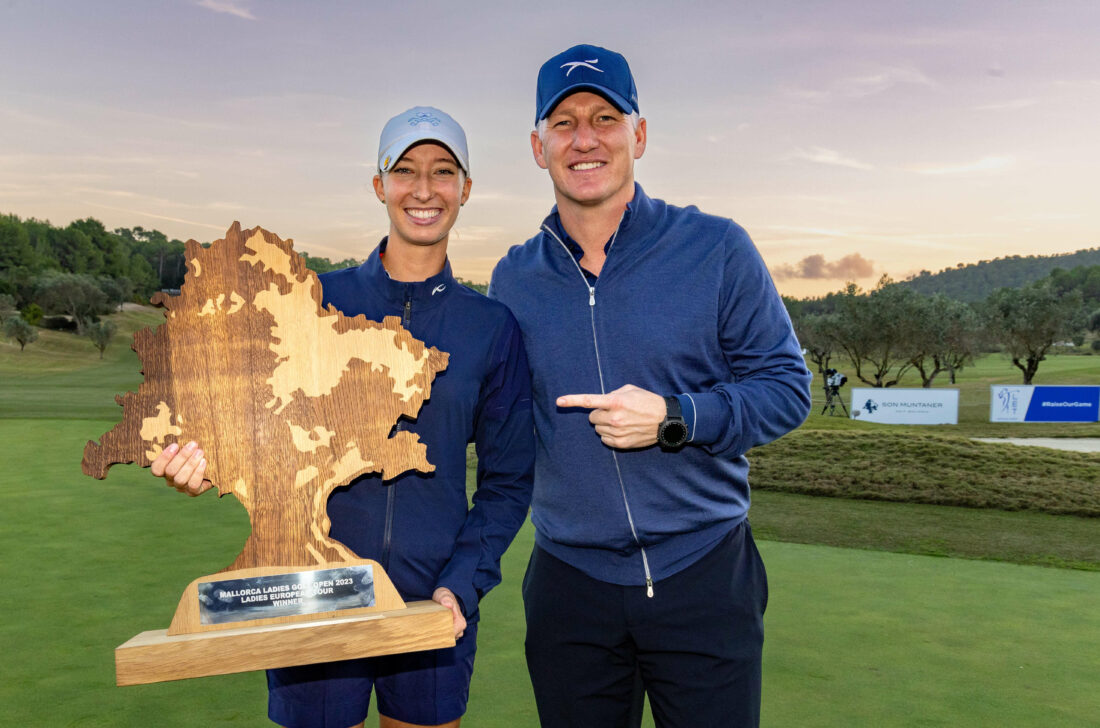 18/11/2023. Ladies European Tour. Mallorca Ladies Golf Open, Golf Son Muntaner, Mallorca, Spain. 16-18 Nov. Alexandra Forsterling of Germany and former world cup winner Bastian Schweinsteiger. Credit: Tristan Jones / LET tour news