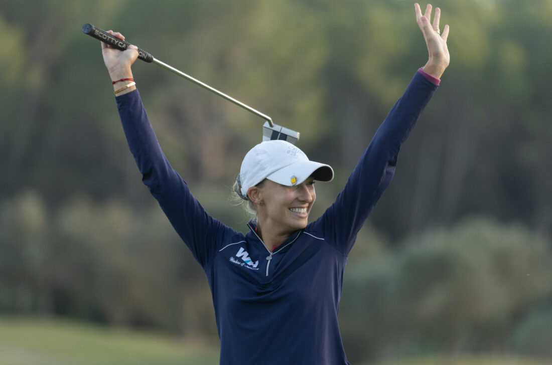 18/11/2023. Ladies European Tour. Mallorca Ladies Golf Open, Golf Son Muntaner, Mallorca, Spain. 16-18 Nov. Alexandra Forsterling of Germany celebrates her win during the final round. Credit: Tristan Jones / LET tour news