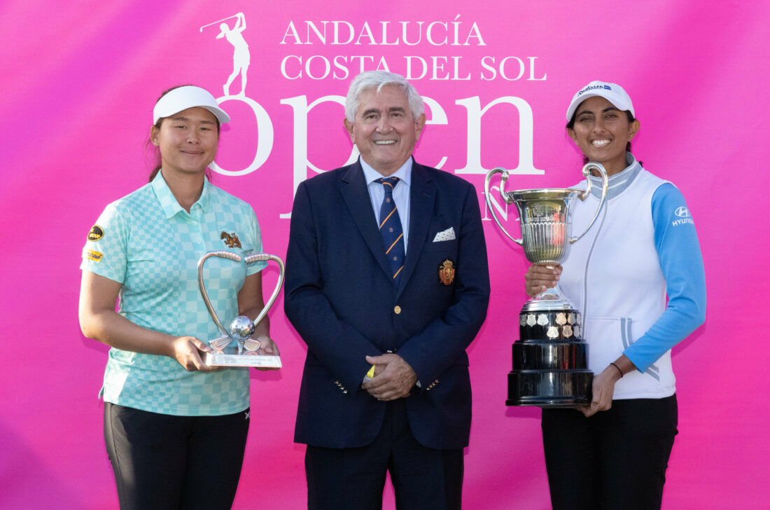 26/11/2023. Ladies European Tour. Andalucia Costa del Sol Open de Espana, Real Club de Golf Las Brisas, Marbella. Spain. 23-26 Nov. Winner of the Race to Costa del Sol, Trichat Cheenglab and Aditi Ashok of India, winner of the tournament. Credit: Tristan Jones / LET tour news