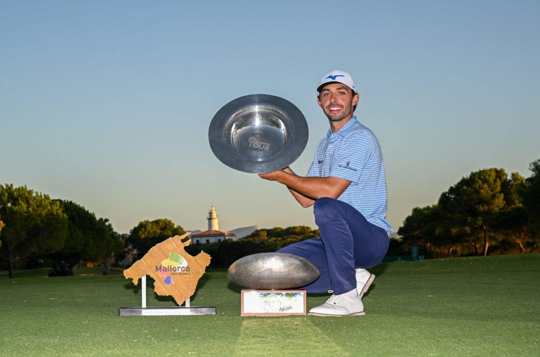 ALCUDIA, SPAIN - NOVEMBER 5: Marco Penge of England celebrates with the trophys following victory of the tournament on Day Four of the Rolex Challenge Tour Grand Final supported by the R&A 2023 at Club de Golf Alcanada on November 5, 2023 in Alcudia, Spain. (Photo by Octavio Passos/Getty Images) tour news