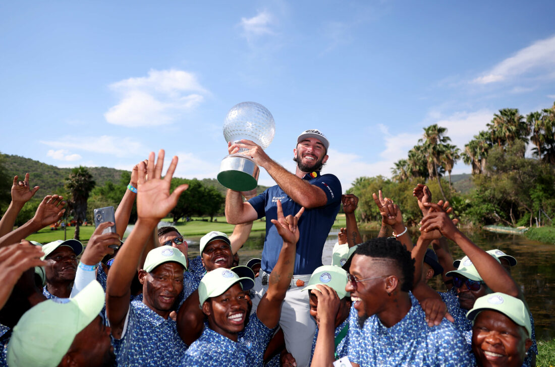 SUN CITY, SOUTH AFRICA - NOVEMBER 12: Max Homa of the United States holds the trophy as he celebrates victory with ground staff after winning the tournament during Day Four of the Nedbank Golf Challenge at Gary Player CC on November 12, 2023 in Sun City, South Africa. (Photo by Warren Little/Getty Images) tour news