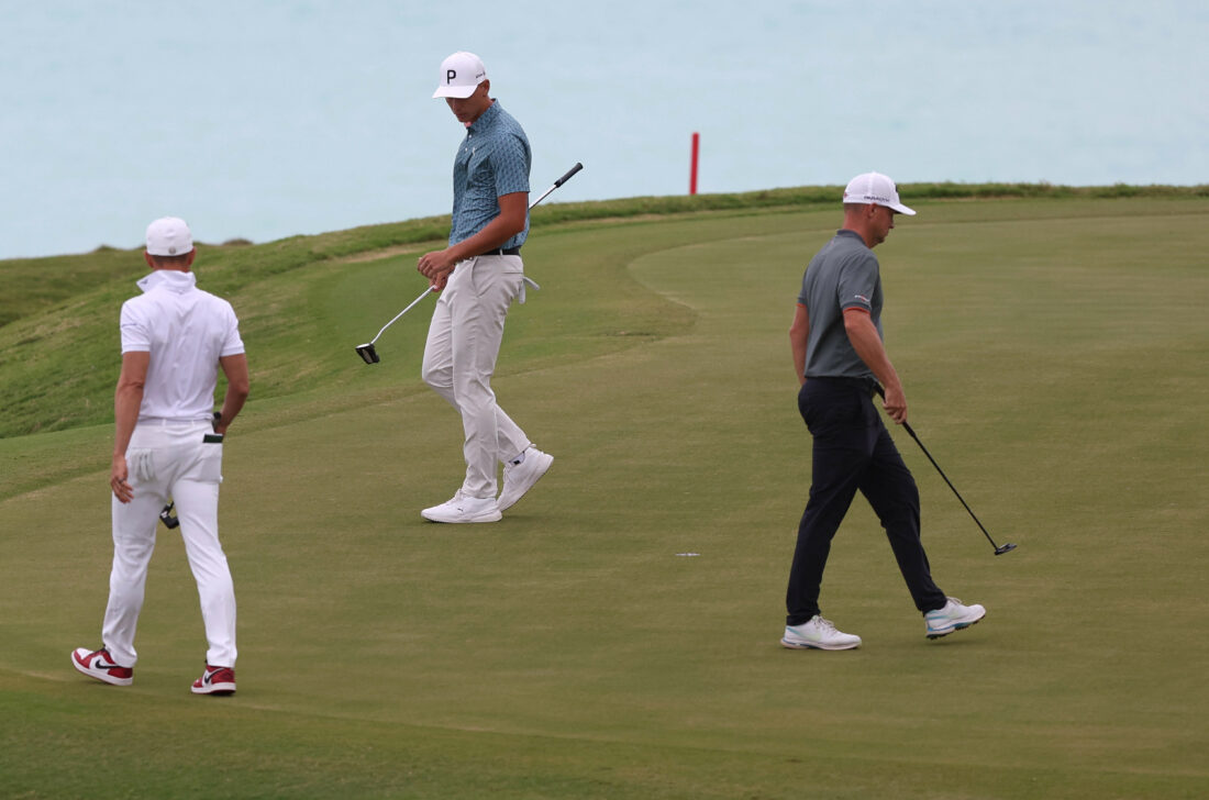 SOUTHAMPTON, BERMUDA - NOVEMBER 12: Matthias Schmid of Germany (CENTER), Alex Noren of Sweden (R) and Camilo Villegas of Colombia (L) walk on the 16th green during the final round of the Butterfield Bermuda Championship at Port Royal Golf Course on November 12, 2023 in Southampton, Bermuda. (Photo by Marianna Massey/Getty Images) tour news