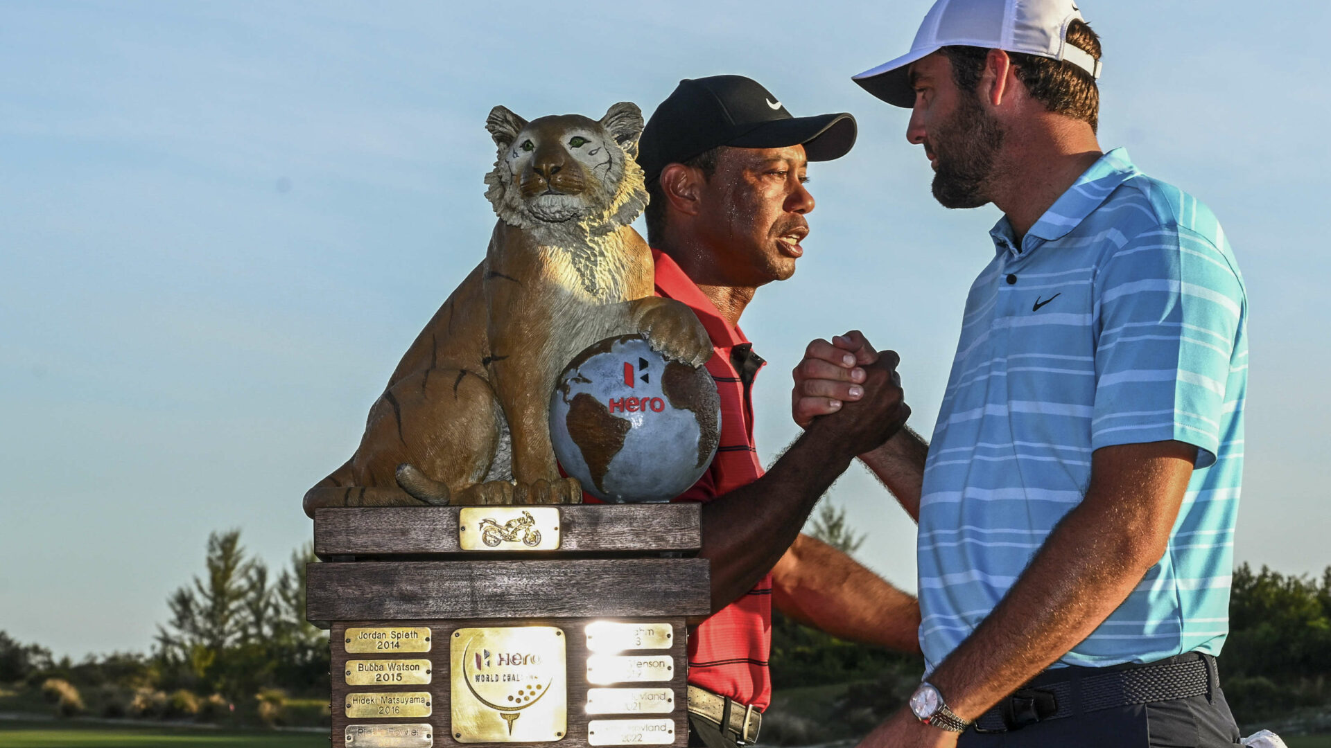 NASSAU, BAHAMAS - DECEMBER 03: Tiger Woods congratulates Scottie Scheffler, after the final round of the Hero World Challenge at Albany Golf Course on December 3, 2023 in Naussau, New Providence, Bahamas. (Photo by Tracy Wilcox/PGA TOUR via Getty Images) tour news