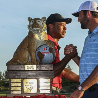 NASSAU, BAHAMAS - DECEMBER 03: Tiger Woods congratulates Scottie Scheffler, after the final round of the Hero World Challenge at Albany Golf Course on December 3, 2023 in Naussau, New Providence, Bahamas. (Photo by Tracy Wilcox/PGA TOUR via Getty Images) tour news