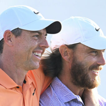 tour news DUBAI, UNITED ARAB EMIRATES - JANUARY 14: Rory McIlroy of Northern Ireland and Tommy Fleetwood of England embrace on the 18th green as Fleetwood wins the Dubai Invitational at Dubai Creek Golf and Yacht Club on January 14, 2024 in Dubai, United Arab Emirates. (Photo by Alex Burstow/Getty Images)