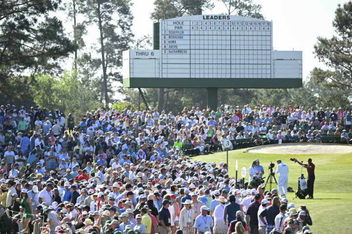AUGUSTA, GEORGIA - APRIL 14: Tiger Woods on the third tee during the final round of Masters Tournament at Augusta National Golf Club on April 14, 2024 in Augusta, Georgia. (Photo by Ben Jared/PGA TOUR via Getty Images)