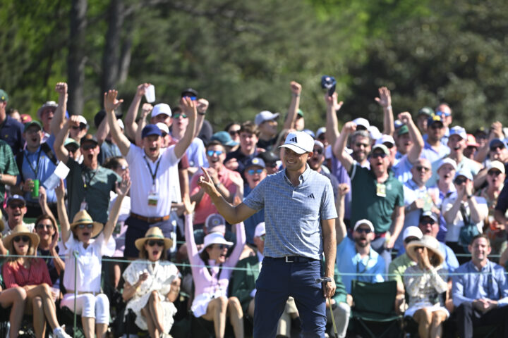 AUGUSTA, GEORGIA - APRIL 14: Ludvig Åberg of Sweden reacts as his putt drops at the ninth green during the final round of Masters Tournament at Augusta National Golf Club on April 14, 2024 in Augusta, Georgia. (Photo by Ben Jared/PGA TOUR via Getty Images)
