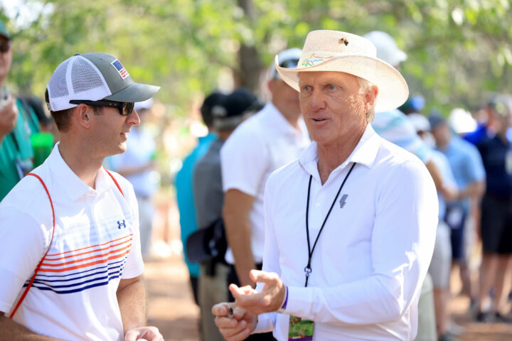AUGUSTA, GEORGIA - APRIL 10: Greg Norman of Australia The Commissioner of the LIV Golf Tour in amongst the patrons during a practice round prior to the 2024 Masters Tournament at Augusta National Golf Club on April 10, 2024 in Augusta, Georgia. (Photo by David Cannon/Getty Images)