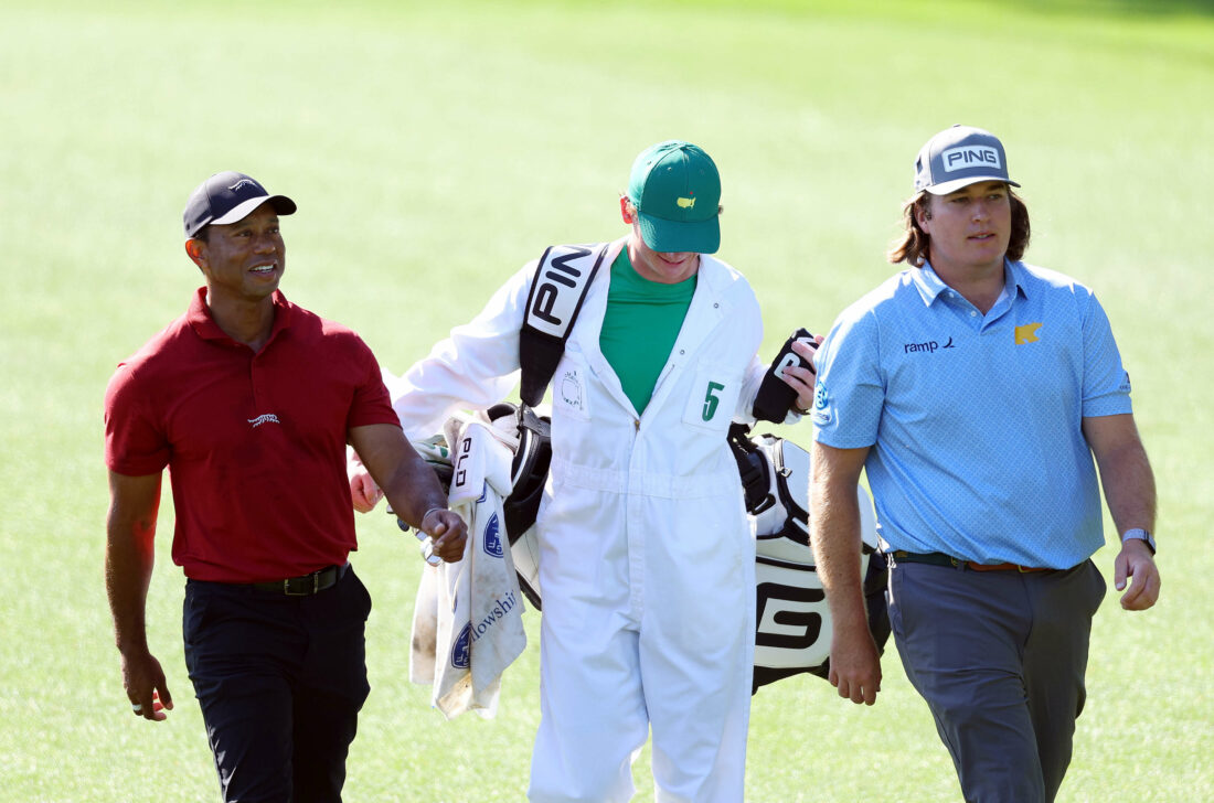 AUGUSTA, GEORGIA - APRIL 14: Tiger Woods of the United States (L) and amateur Neal Shipley of the United States walk across the third hole during the final round of the 2024 Masters Tournament at Augusta National Golf Club on April 14, 2024 in Augusta, Georgia. (Photo by Andrew Redington/Getty Images)