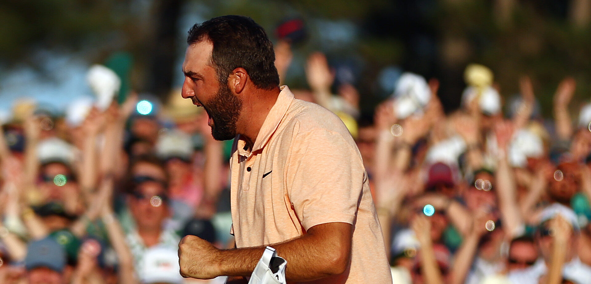 AUGUSTA, GEORGIA - APRIL 14: Scottie Scheffler of the United States celebrates on the 18th green after winning the 2024 Masters Tournament at Augusta National Golf Club on April 14, 2024 in Augusta, Georgia. (Photo by Maddie Meyer/Getty Images)