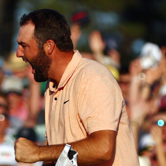 AUGUSTA, GEORGIA - APRIL 14: Scottie Scheffler of the United States celebrates on the 18th green after winning the 2024 Masters Tournament at Augusta National Golf Club on April 14, 2024 in Augusta, Georgia. (Photo by Maddie Meyer/Getty Images)