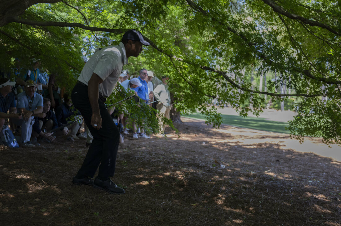 Tiger WOODS (USA) second shot at 8th par 5 during third round US Masters 2024, Augusta National Golf Club,Augusta,Georgia, USA.