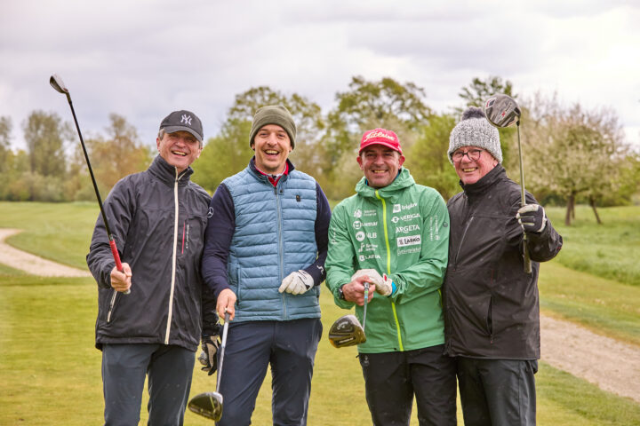 Dr. Heinrich Kostyra, Thomas Pisan, Ricco Groß und Thomas Stein hatten jede Menge Spaß auf dem Beckenbauer Course beim Golf Opening mit den EAGLES. (Foto: Quellness & Golf Resort/Pedagrafie)